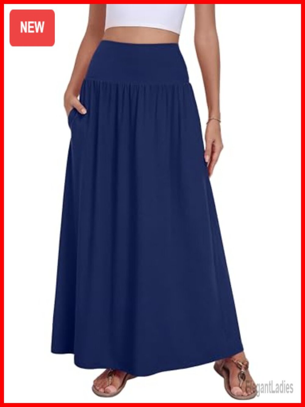 Women Maxi Long Skirt A-Line Elastic High Waist Flowy Side Pockets